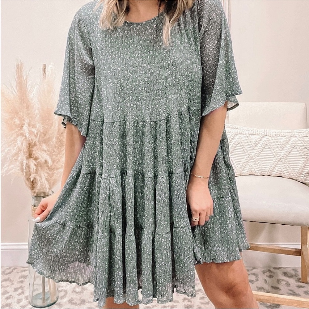 By Together Green Floral Spring Fling Tiered Chiffon Babydoll Dress Summer